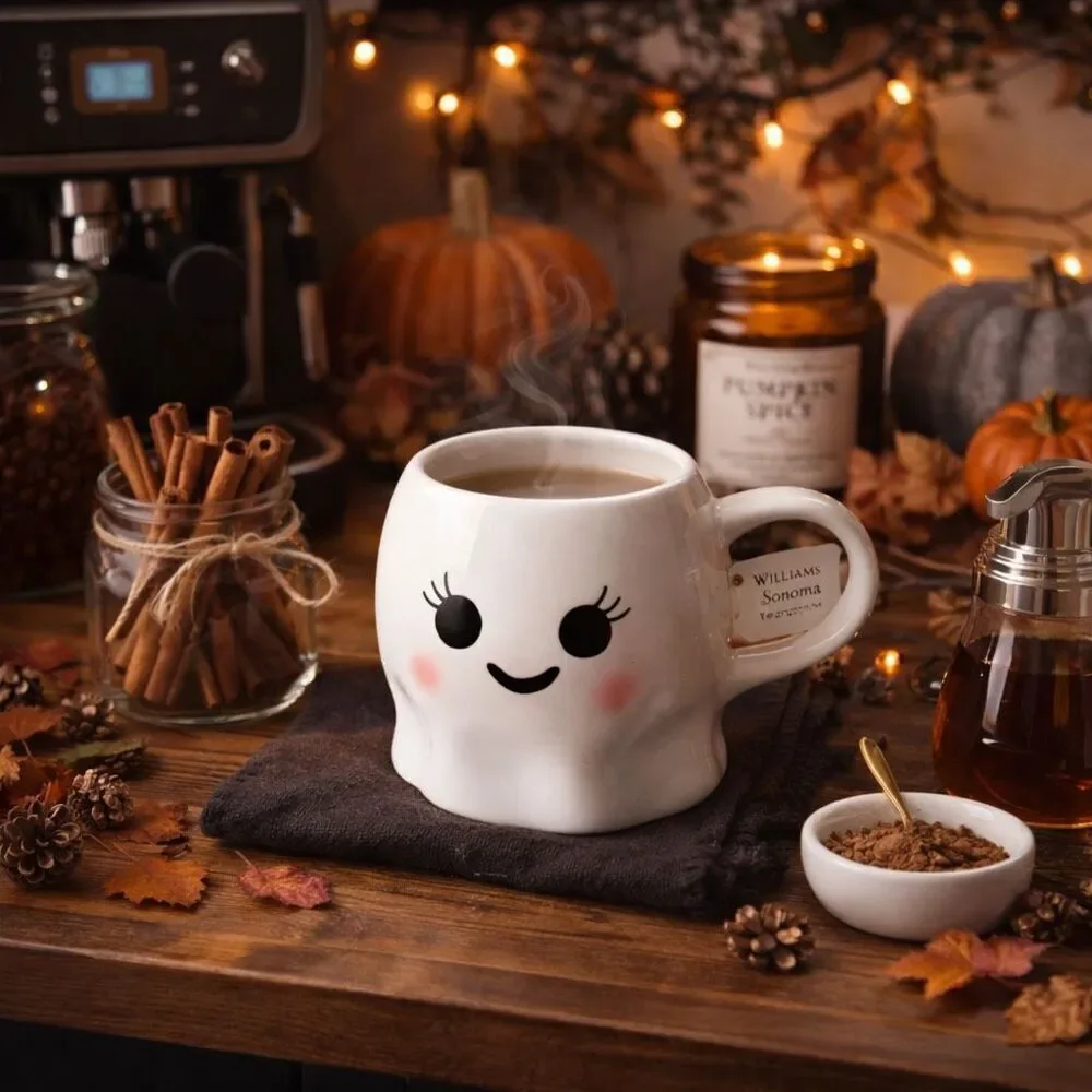 Williams Sonoma Hand-Painted Ghost Mug 19oz Halloween Stoneware Rosy Cheeks NWT
